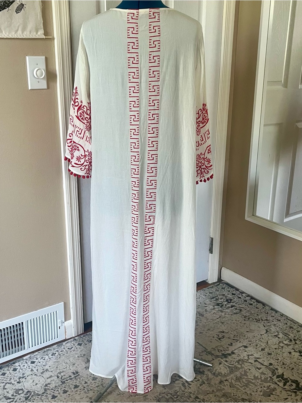 Red and white semi sheer embroidered caftan cover up, super cute Pom Pom sleeves - Picture 8 of 10
